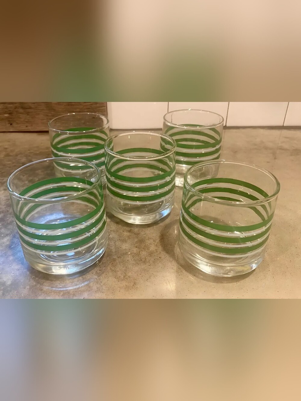 Set of 5 Vintage Libbey Green Stripe Lowball Glasses Juice Water Tumblers